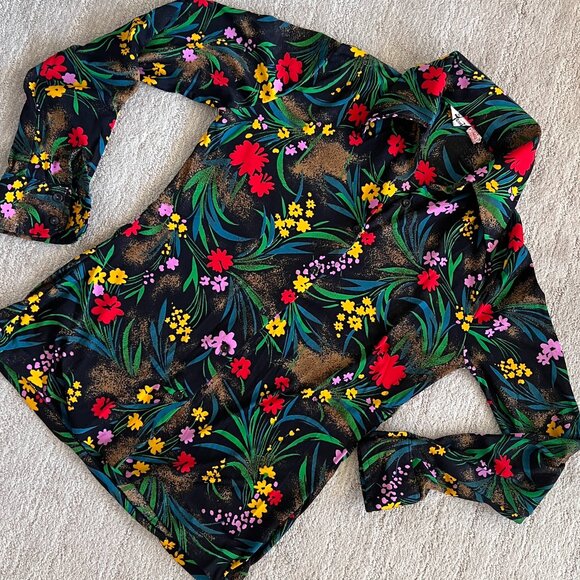 70's Tarvi Black Floral Print Blouse - SIze Small/Mediu - Picture 1 of 8